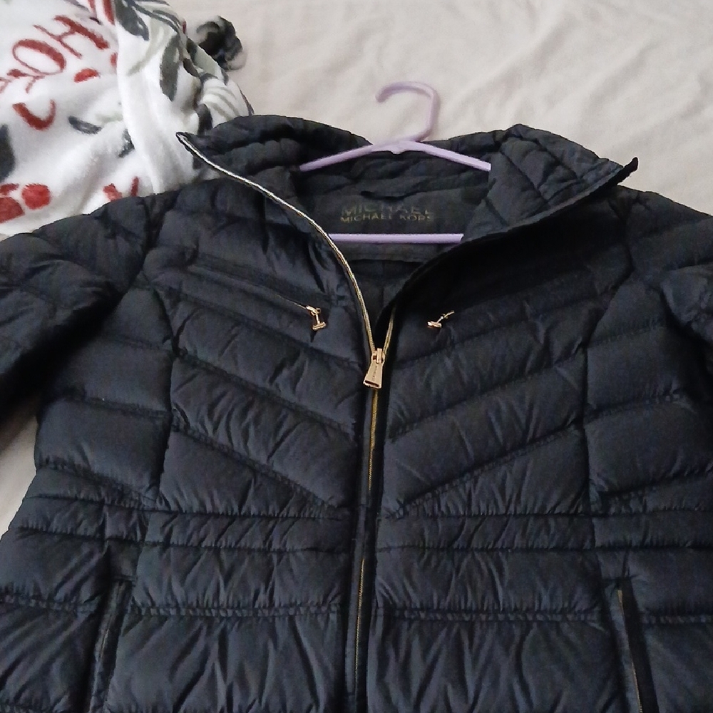 MICHAEL Michael Kors Black Puffer Jacket with Gold Accents